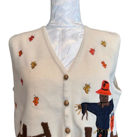 Vintage White Orange Halloween Sweater Vest Womens Sz Large Pumpkin Black Cat - Picture 5 of 16